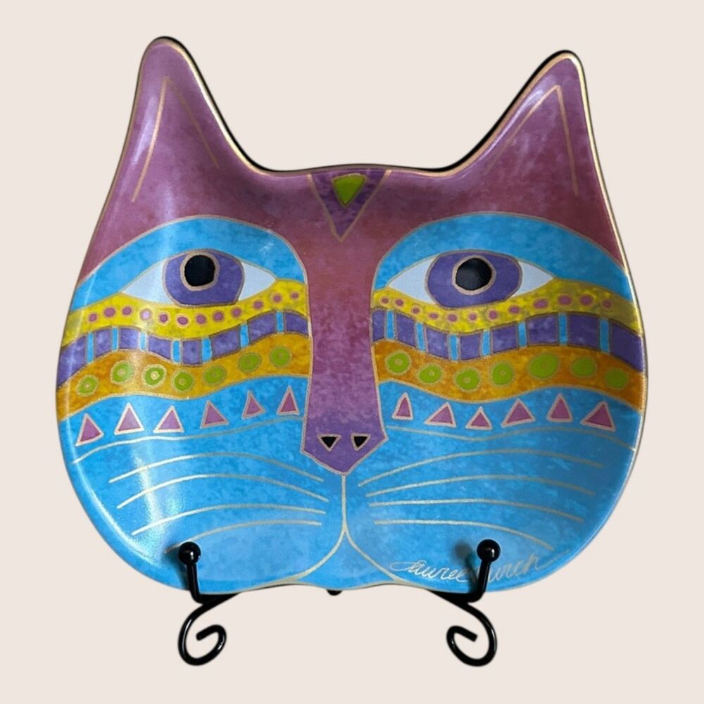 😻 VTG LAUREL BURCH WINE THINGS CAT FACE TRINKET DISH PINK BLUE 2007